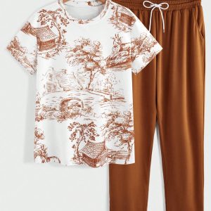 Manfinity KASUA Casual Men 2pcs Set – Graphic Print Short Sleeve T-Shirt And Drawstring Waist Loose Pants