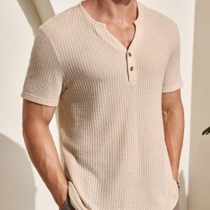 Manfinity KASUA Men’s Short Sleeve Textured Polo Shirt With Buttoned Y-Neck
