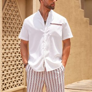 Manfinity KASUA Men’s Single-Breasted Short-Sleeve Shirt And Printed Shorts Set, Summer