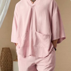 Manfinity KASUA Men Simple Pocket Patched Casual Hooded Shirt & Shorts Set