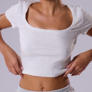 MUSERA Women’s Summer Solid Color Square Neck Crop Sleeve Crop Top, Casual Tee