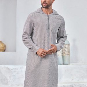 Manfinity KASUA Men’s Arabic Style Hooded Striped Robe Breathable Cotton Blend