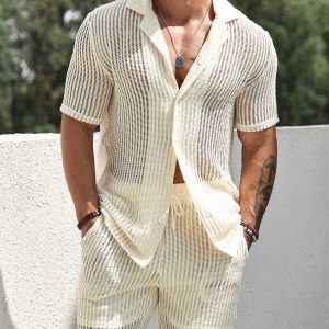 Manfinity KASUA Men Hollow Out Shirt & Drawstring Waist Shorts
