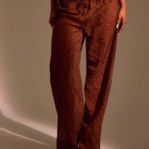 MUSERA Sheer Leopard Print Tie Waist Band Wide Leg Trousers Only