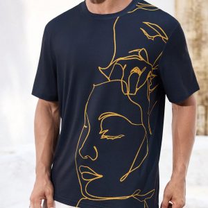 Manfinity KASUA Men’s Abstract Line Pattern Navy Blue Casual T-Shirt, Daily Wear, Streetwear, Party, Breathable