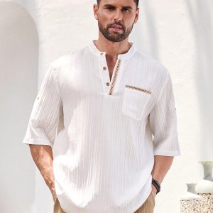 Manfinity KASUA Men Casual Patchwork Pocket V-Neck Roll-Tab Sleeve Top And Jogger Pants Set