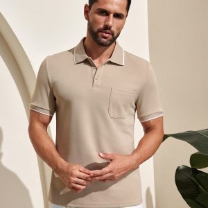 Manfinity KASUA Men’s Casual Contrast Trim Single-Breasted Polo Shirt, Summer
