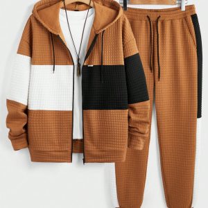 Manfinity KASUA Men’s Casual Patchwork Hooded Sweatshirt And Pants Set, Autumn