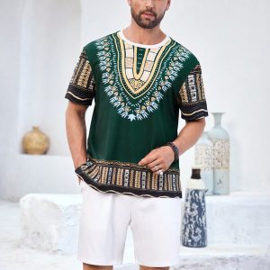 Manfinity KASUA Men’s Retro Print T-Shirt Set, Comfortable & Breathable For Casual, Daily & Festival Wear