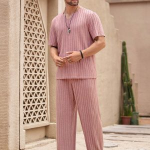 Manfinity KASUA 2pcs/Set Men’s Notched Neck Short Sleeve T-Shirt And Straight-Leg Casual Pants Outfit