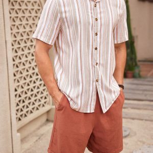 Manfinity KASUA 2pcs Men’s Button-Down Short Sleeve Striped Shirt Top And Pocket Casual Shorts Set