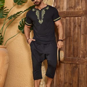 Manfinity KASUA Men’s Notched Collar Printed Short Sleeve T-Shirt And Long Pants Two-Piece Set, Going Out, Husband, Boho