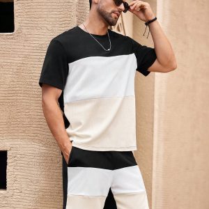 Manfinity KASUA 2pcs/Set Men’s Patchwork Ribbed Crew Neck Short Sleeve Tee And Shorts Set