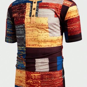 Manfinity KASUA Men’s Casual Henry Neck Short Sleeve T-Shirt, Multi-Color, Summer