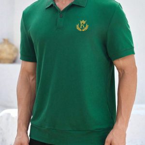 Manfinity KASUA Men’s Green Button-Collar Polo Shirt With Golden Embroidery, Casual Everyday