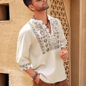 Manfinity KASUA Men’s Fashion Printed Mid Length Sleeve V Neck Shirt , Long Button Up Collar Graphic Colorful Khaki Going Out