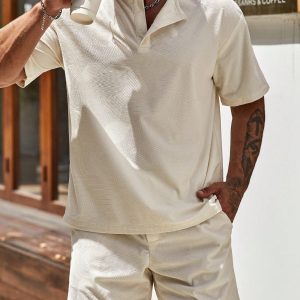 Manfinity KASUA Men’s Solid Casual Shirt & Drawstring Waist Shorts, Summer , Going Out , Husband , Rave Outfit , Plain