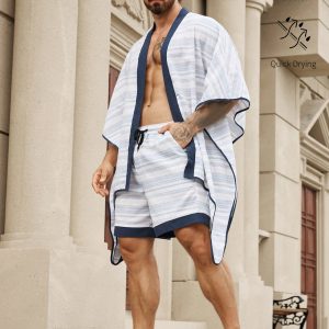 Manfinity KASUA 2pcs Men’s Solid Color Patchwork Batwing Sleeve Top And Front Tie Shorts Set, Casual Outfit